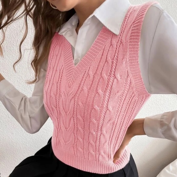 Pink knit v-neck sweater vest - Picture 1 of 3